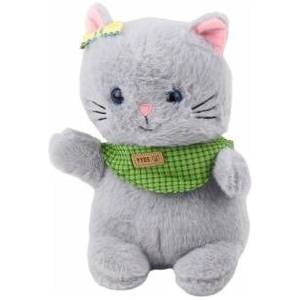 LEAN Toys Plush Mascot Cuddly Toy Cat Gray Green Scarf Bow 22cm