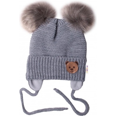 BABY NELLYS Zimná čiapka s fleecom Teddy Bear chlupáčk. bambuľky tm. šedá