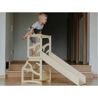 Weco Multifunkčná učiaca veža Montessori 3v1 so šmykľavkou prírodná