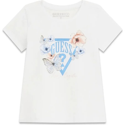 GUESS Бяла тениска за мини момиче с пеперуди и ярко синьо лого Guess