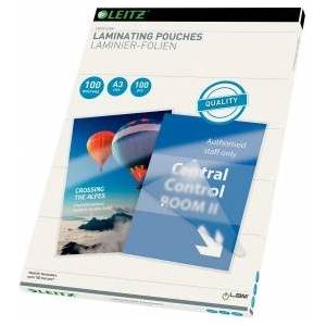 Leitz hot laminating foils A3 100 mic, high-quality laminating foils in a pack of 100, with rounded corners, transparent, glossy, ideal for posters and drawings, 16919 - 16932