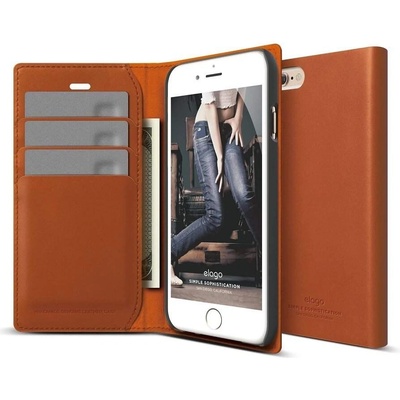 elago S6 Leather Wallet Case - луксозен кожен кейс от естествена кожа + HD покритие за iPhone 6, iPhone 6S (кафяв)