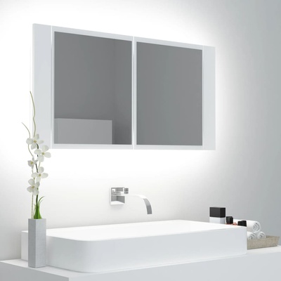 vidaXL Шкаф с LED огледало за баня, бял, 90x12x45 см, акрил (804972)