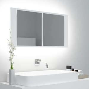 vidaXL Шкаф с LED огледало за баня, бял, 90x12x45 см, акрил (804972)