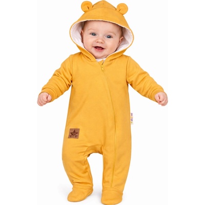 Baby Nellys Kojenecký teplákový overal s kapucí Teddy hořčicový