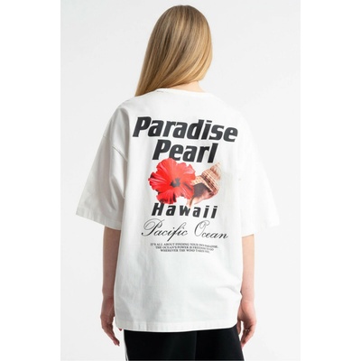 Reporter tričko s potiskem Hawaii na zádech krémová