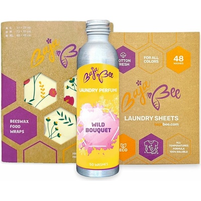 BajaBee Eco Set | Voskové obrúsky 4 ks + Pracie pásiky na 48 praní + Parfém na pranie 250 ml
