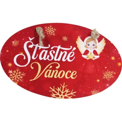 Bondecor Vánoční dřevěná dekorace - ovál "Šťastné Vánoce" 18x11cm