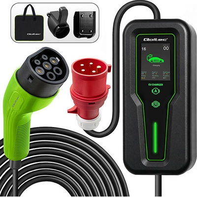 Qoltec EV 2v1 nabíjačka pre elektromobil Type2 s reguláciou 11kW 3 fázy CEE 5 PIN| LCD Prenosný Wallbox 5 m