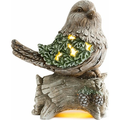 MagicHome Dekorácia Sýkorka na kmeni 9 LED 3xAAA keramika 22x21,50x40 cm