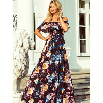 Numoco Дълга рокля с волани - черна + разноцветни цветя Numoco numoco | Cheren | ЖЕНИ | XS