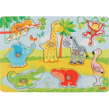 Image 1 of Goki Дървен пъзел с дръжки Goki - Африкански бебета животни, 8 части (57397)