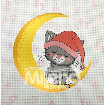 Milena Style Спящо коте - гоблен със схема Ariadna - Син Кръстат бод