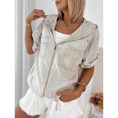 Fashionweek Dámska bavlneno-ľanová oversize mikina s kapucňou na zips UB-Aurhona béžový