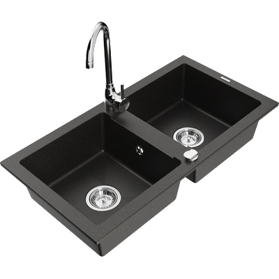 Mexen Mario гранитна кухненска мивка 2-коморна с кухненски смесител Telma, черен/златен - 6504-75-670200-00 (6504-75-670200-00)