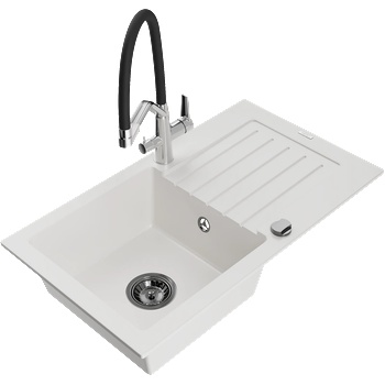 Mexen Pablo еднокамерен гранитен мивка с отцедник и кухненски смесител Duo, бял - 6510-20-671701-07-B (6510-20-671701-07-B)