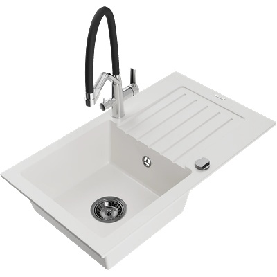 Mexen Pablo еднокамерен гранитен мивка с отцедник и кухненски смесител Duo, бял - 6510-20-671701-07-B (6510-20-671701-07-B)