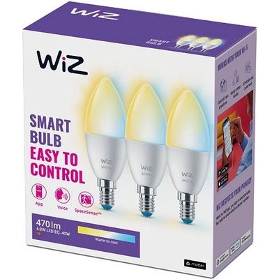 Philips WiZ 8720169075696 LED žiarovka sviečka E14, 4,9W, 470lm, 2700-6500K, C27, biela, stmievateľná