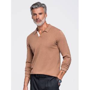 Ombre Clothing Мъжко плетено поло с дълъг ръкав и контрастна подсечка на деколтето - светлокафяво V4 OM-POLS-0138 Ombre Clothing Ombre Clothing | Kafyav | МЪЖЕ | S