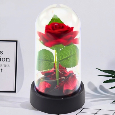 Věčná růže ve skleněné kopuli s LED osvětlením, červená 14 x 8 cm