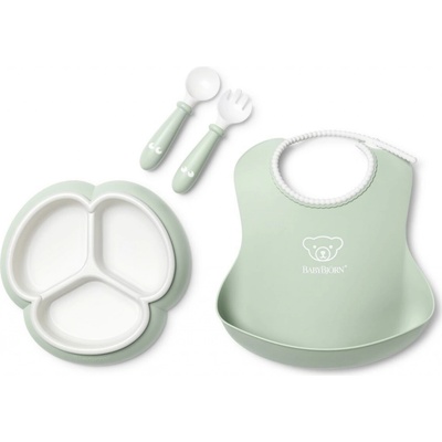 Babybjorn jídelní set s děleným talířkem pudrově zelený 4 ks