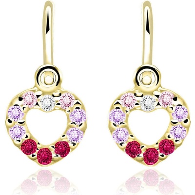 Duppi dětské náušnice srdiečka DU 70508 zo žltého zlata s kamienkami bielymi ružovými fialovými a rubínovo červenými zapínánie brizúra