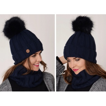 Fashionweek zimní set čepice s bambulí a šál ZIZI17/K7 tmave modry