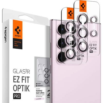 Spigen Optik Pro tR Ez Fit Lens Protector 2 Pack - 2 комплекта предпазни стъклени лещи за камерата на Samsung Galaxy S23 Ultra (розов)