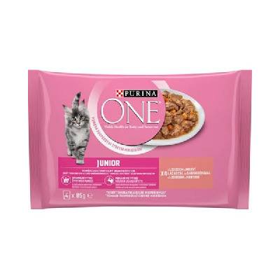 PURINA ONE cat Junior mini filetky s lososom a mrkvou v šťave pre mačky 4x85g