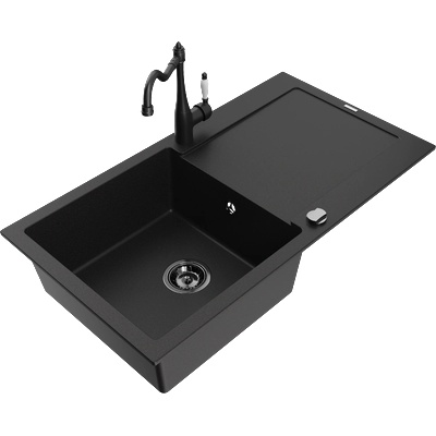 Mexen Leo гранитна мивка с 1 отделение и отцедник и кухненски смесител Carla, черен - 6501-77-670700-70-B (6501-77-670700-70-B)