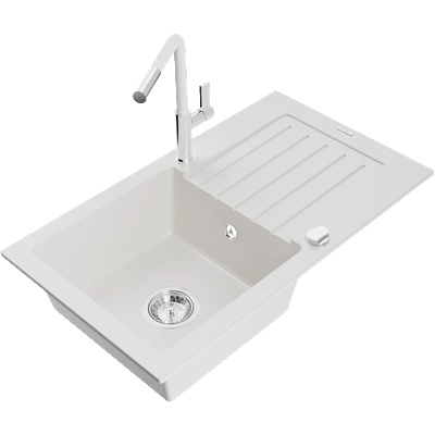 Mexen Pablo гранитна мивка с 1 отделение с отцедник и кухненски смесител Flora, бял - 6510-20-670401-02 (6510-20-670401-02)