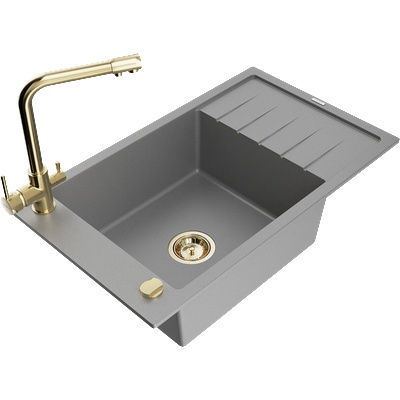 Mexen Elias единична кухненска мивка от гранит с отцедник и кухненски смесител Duero, сив - 6511-71-671600-50 (6511-71-671600-50)