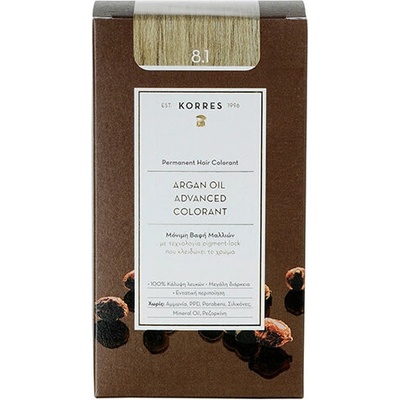 Korres Argan Oil permanentná farba na vlasy s arganovým olejom 8.1 Ash Light Blonde 50 ml