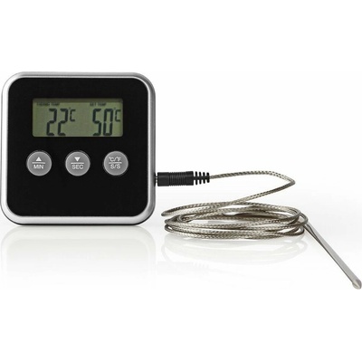 NEDIS teplomer na mäso/ časomerač/ LCD display/ 1x sonda/ 0 - 250 °C/ 1x AAA/LR03/ čierno-strieborný