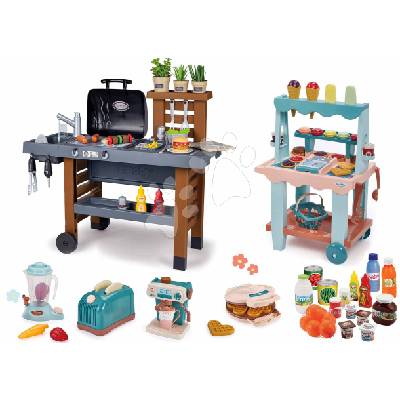 Set gril na zahradu s kuchyňskými spotřebiči Garden Kitchen Smoby s kuchyňkou s tekoucí vodou a zmrzlinový stánek s potravinami