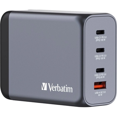 Verbatim GaN Fast Wall Charger 200W - захранване за ел. мрежа за мобилни устройства с 1xUSB-A и 3xUSB-C изходи с технология за бързо зареждане и преходници за цял свят (тъмносив)