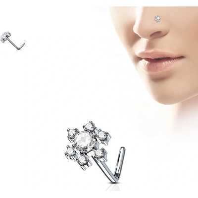 Šperky eshop zahnutý piercing do nosu z oceli květina z čirého zirkonu W24.15