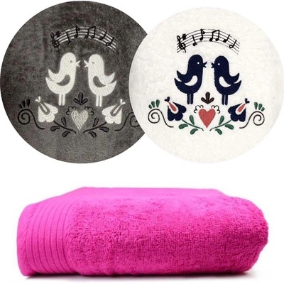 Zelenáčky ručník s výšivkou ptáčci a noty bavlna 50 x 100 cm růžová magenta