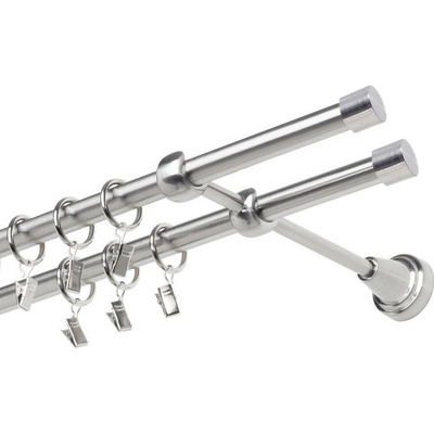OK-GarnýžeCZ Garnýž kovová dvouřadá 19mm Pullo double nerez 150 cm do stěny / kroužky s žabkou