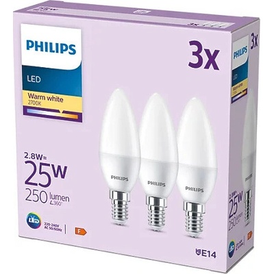 Philips 3x LED žárovka E14 B35 2,8W = 25W 250 lm 2700K teplá bílá Matte