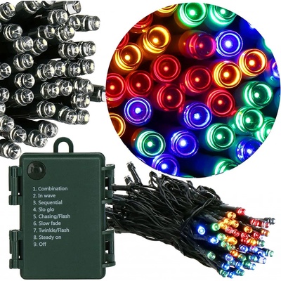 SPRINGOS LED světelný řetěz 10m 100LED 8 funkcí časovač 3xAA IP44 multicolor