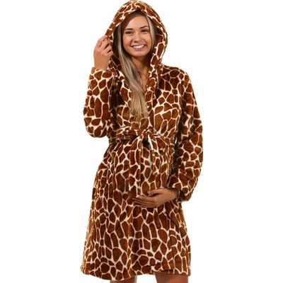 Huňatý župan s kapucí pro plnoštíhlé ženy na kojení žirafí vzor big 1Z1467 hnědá