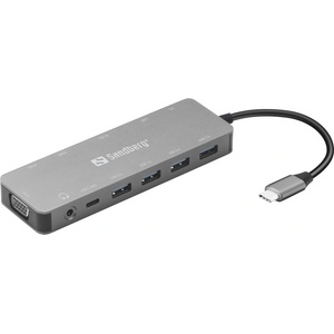 Sandberg 136-45, USB-C докинг станция 13 в 1 Travel Dock, USB-C PD 100 W, 2х HDMI, VGA, 10/100/1000 Mbps, Алуминиев корпус, Сив (136-45)