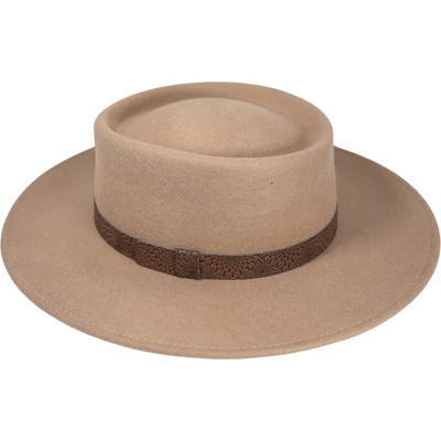Fiebig Headwear since 1903 Dámský klobouk s širší krempou s hnědou koženou stuhou béžový