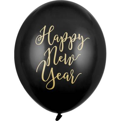 Party Černé silné balónky 30 cm Happy New Year, zlatý potisk