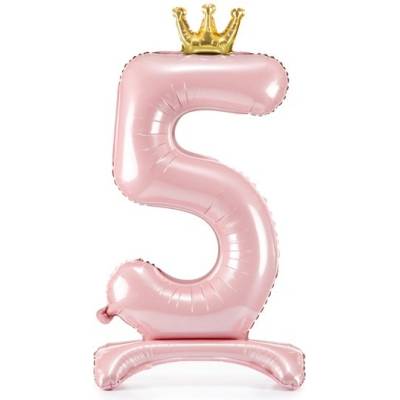 PartyDeco Balónik fóliový Stojacie číslo 5 s korunkou svetlo ružový 84 cm