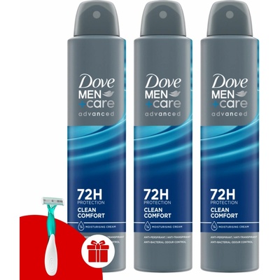Dove Men+Care Advanced deospray Clean Comfort 3 x 200 ml + holiaci strojček Dove