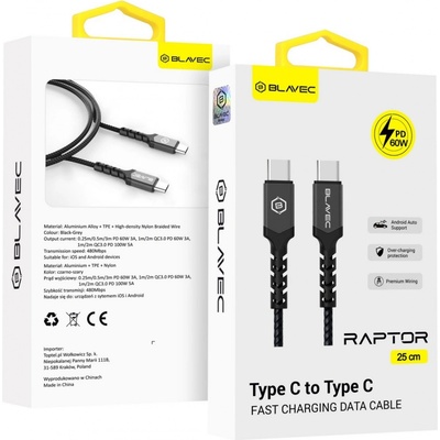 Blavec CRA-CC3BG025 Raptor Braided - typ C na typ C - PD 60W 3A, 0,25m, černo-šedý