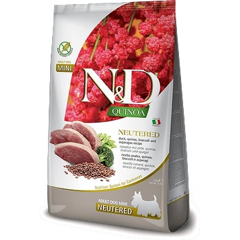 Farmina N&D Quinoa NEUTERD Dog Adult MINI with Duck, Broccoli & Aspragus - суха храна без зърнени култури за кастрирани кучета от мини породи над 1 година, с патешко, броколи и аспержи - 800гр