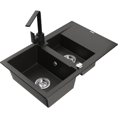 Mexen Gaspar гранитна мивка 1, 5-корито с дренаж и кухненски смесител Rita, черен/златист - 6507-75-670300-70 (6507-75-670300-70)